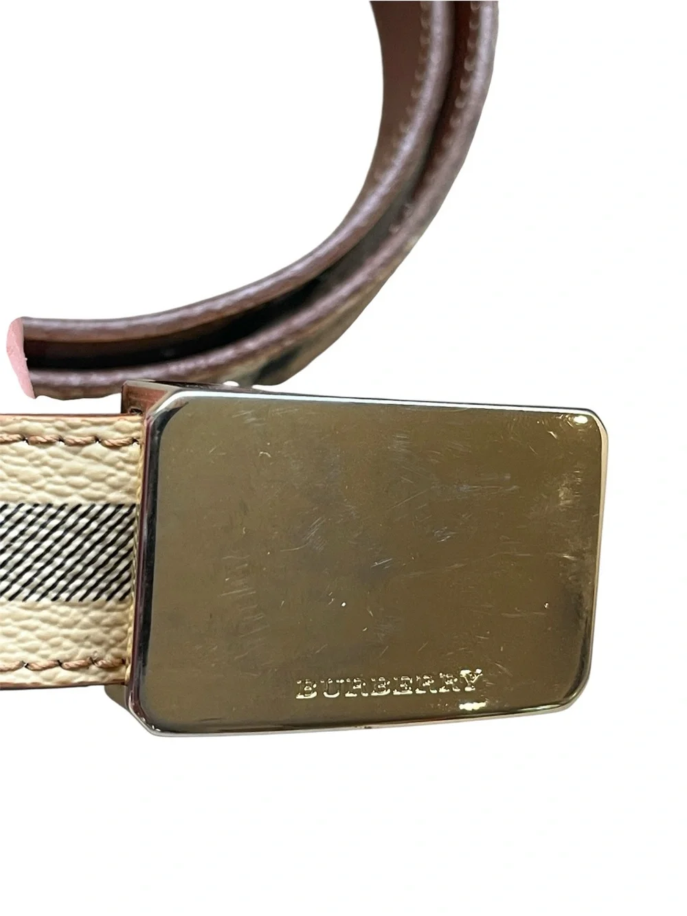 Burberry London Classic Nova Check Plaid Leather Belt Gold-Tone Buckle Italy 40”